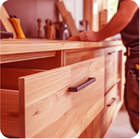 Armoires et de cuisine et de salle de bain en bois massif fabriquées sur mesure par les maîtres-ébénistes d’Atelier Taureau.