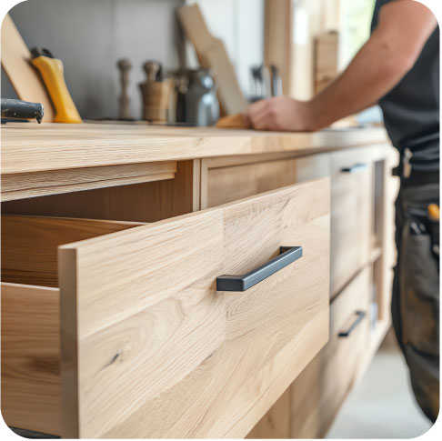 Armoires et de cuisine et de salle de bain en bois massif fabriquées sur mesure par les maîtres-ébénistes d’Atelier Taureau.