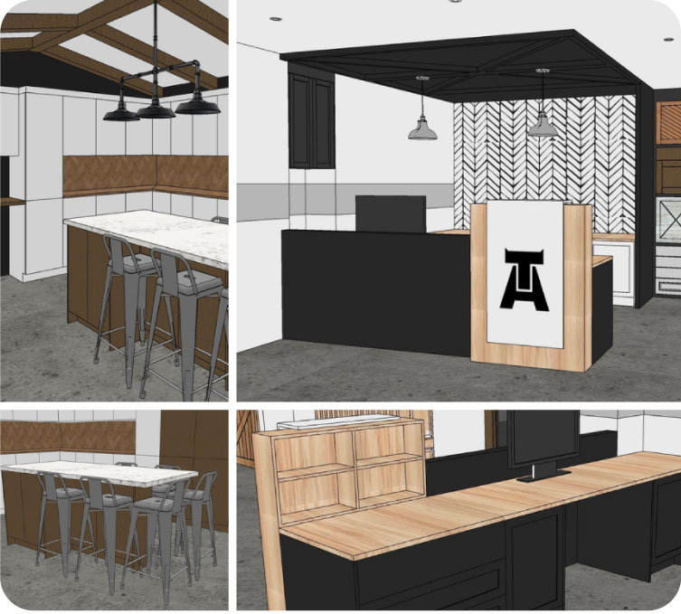Montage de rendus 3D de mobilier en bois sur mesure conçu par Atelier Taureau.