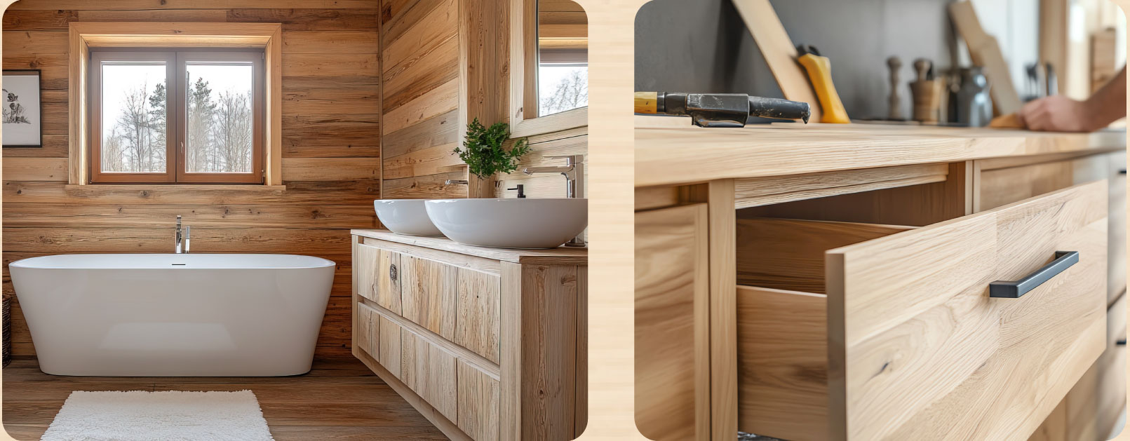 Armoires et de cuisine et vanités de salle de bain en bois massif fabriquées sur mesure par les maîtres-ébénistes d’Atelier Taureau.